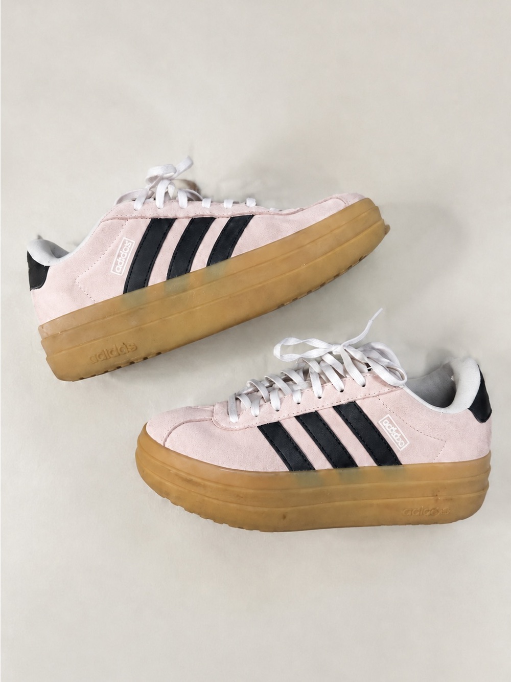 adidas Women's Pink Suede Platform Sneakers with Black Stripes and Gum Sole 7